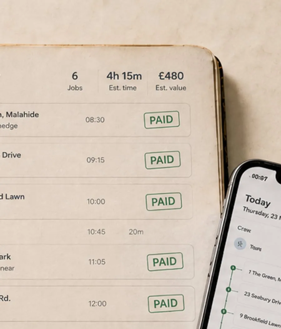 Illustration of an invoice list with green PAID stamps marked against settled jobs.