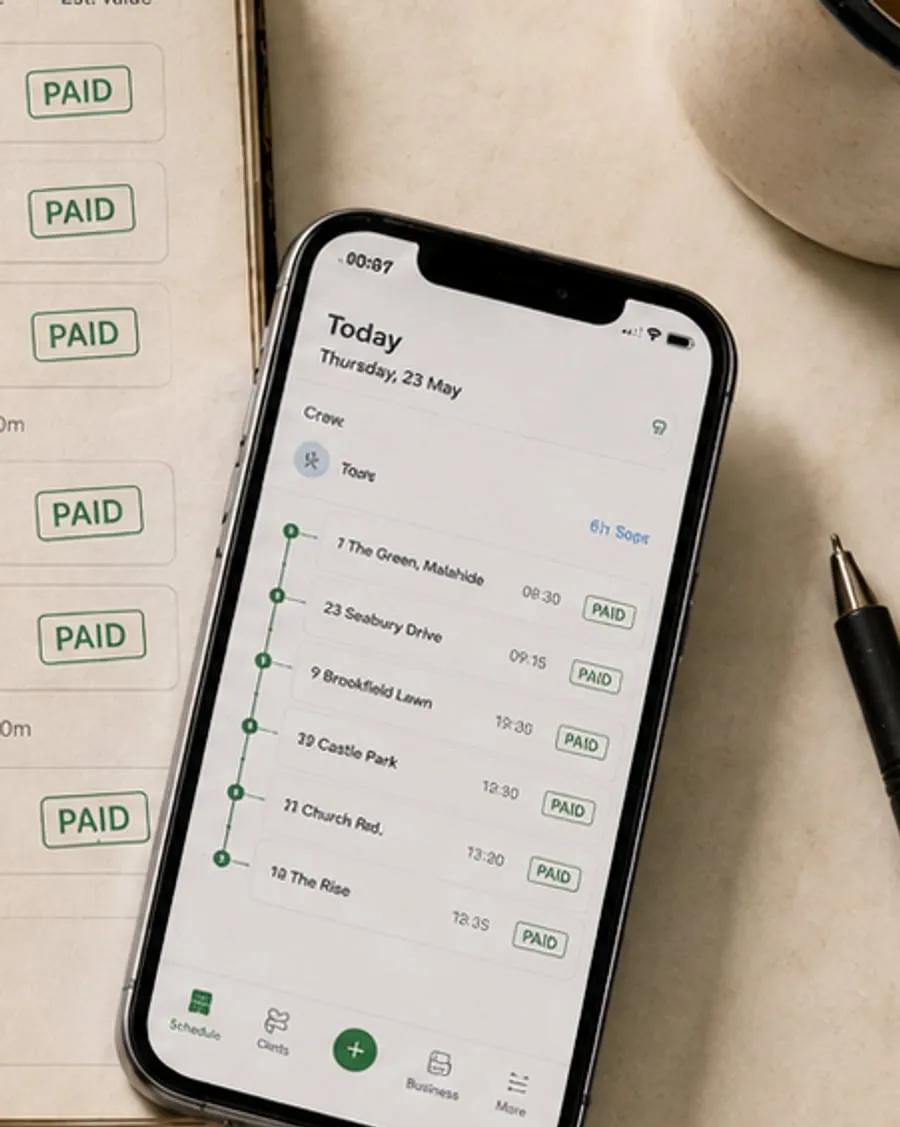 Illustration of the crew phone showing today’s run as a tap-to-complete list beside the open diary.